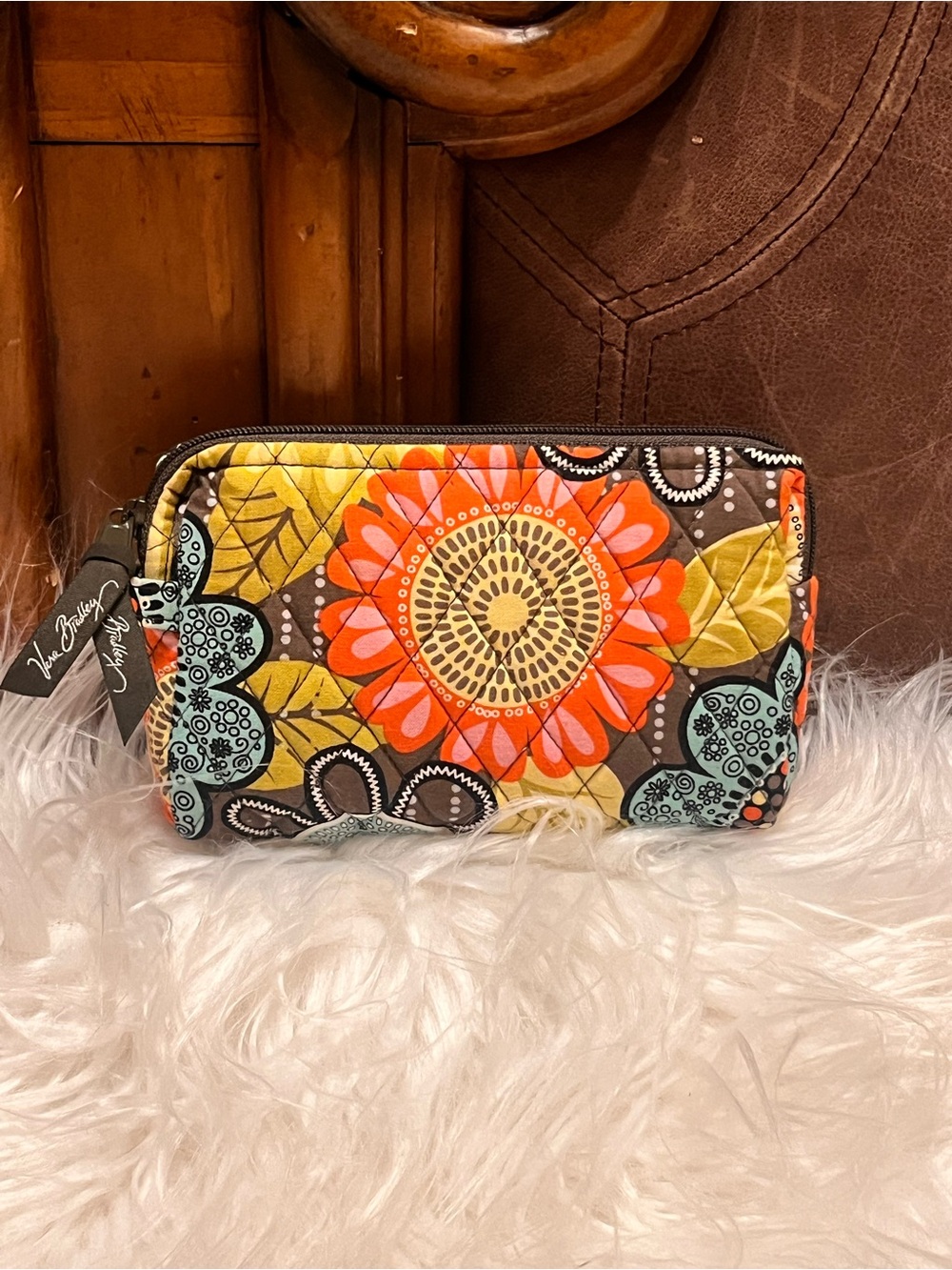 Vera Bradley Orange Floral Quilted Cosmetic Pouch with Aqua & Yellow Accents